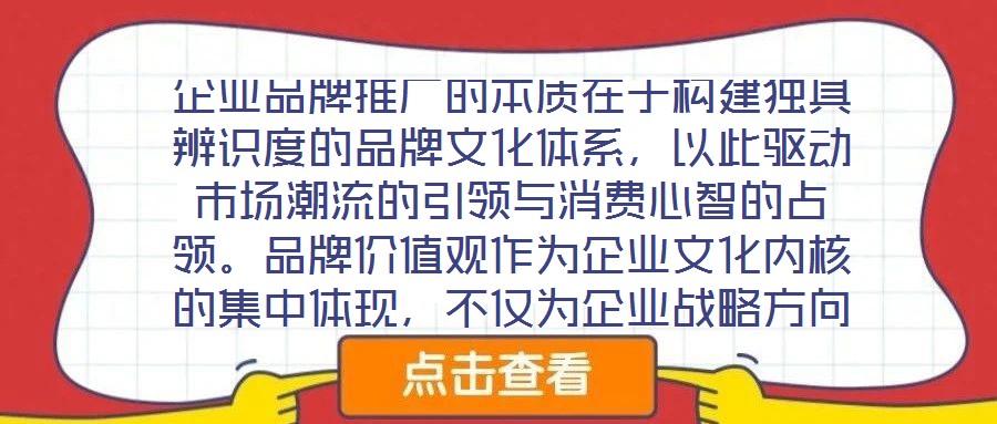 企業品牌推廣的本質在于構建獨具辨識度的品牌文化體系,以此驅動市場潮流的引領與消費心智的占領。品牌價值觀作為企業文化內核的集中體現,不僅為企業戰略方向與行為準則提